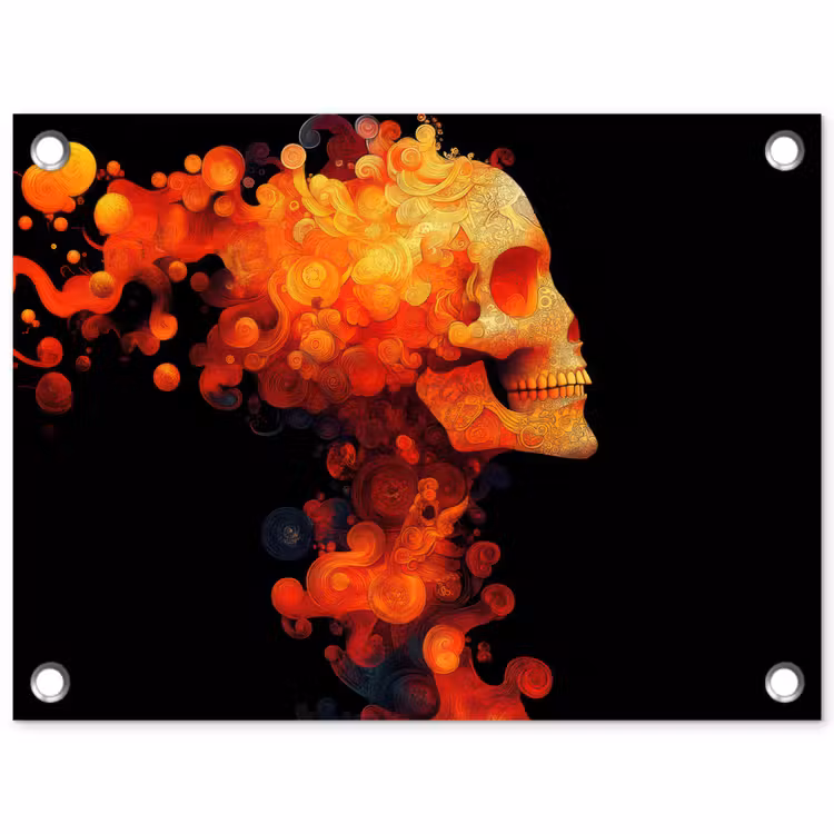 Schedel - Oranje - Zijaanzicht - Vlammen tuinposter los doek klein -3d