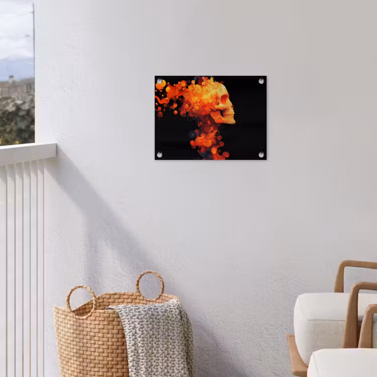 Schedel - Oranje - Zijaanzicht - Vlammen tuinposter los doek klein -sfeer8