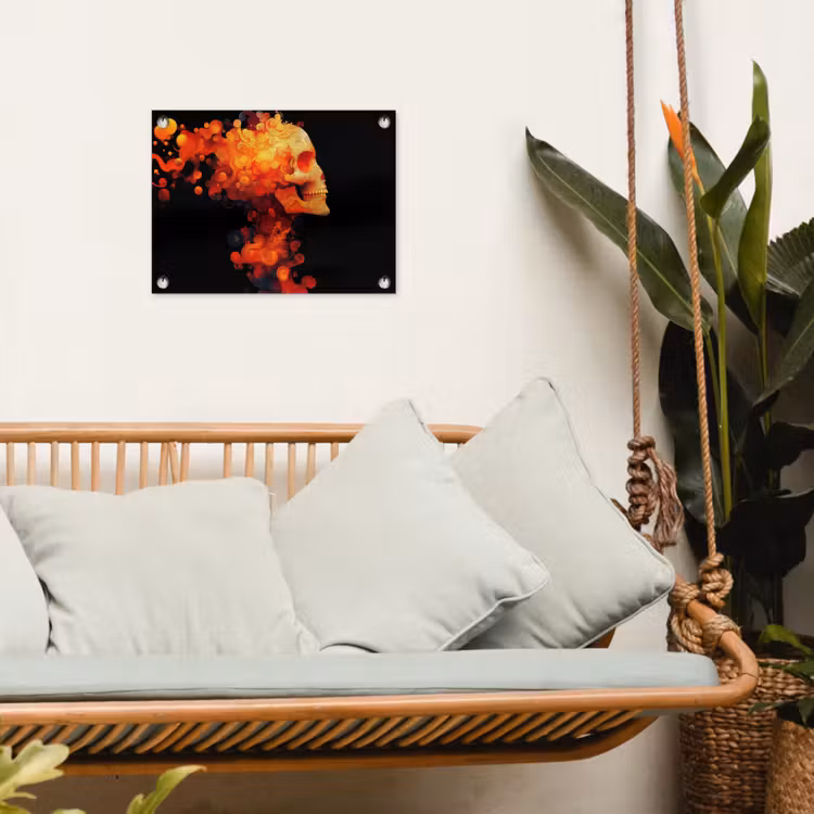Schedel - Oranje - Zijaanzicht - Vlammen tuinposter los doek klein -sfeer7