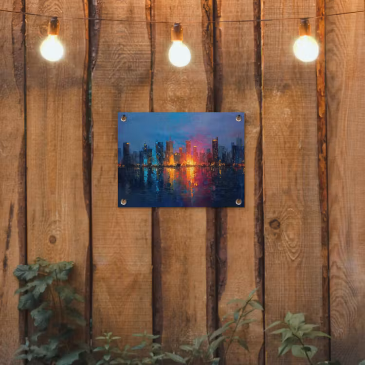 Skyline - Penseelstreken - Donkerblauw - Lichtgevend tuinposter los doek klein -sfeer1