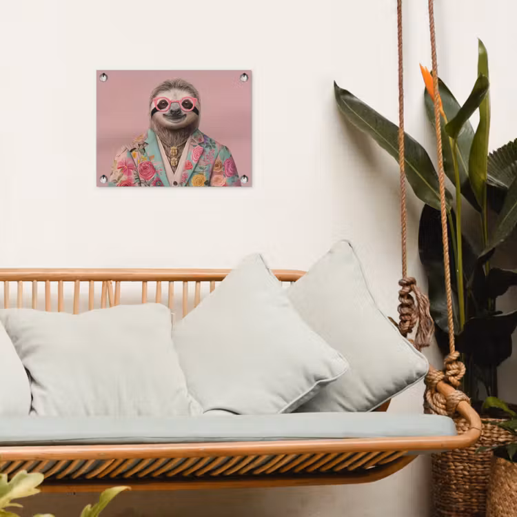 Luiaard - Bloemenprint - Bril - Roze tuinposter los doek klein -sfeer7