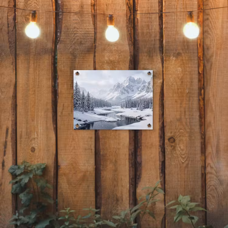 Sneeuwlandschap - Bergen - Rivier - Winter tuinposter los doek klein -sfeer1