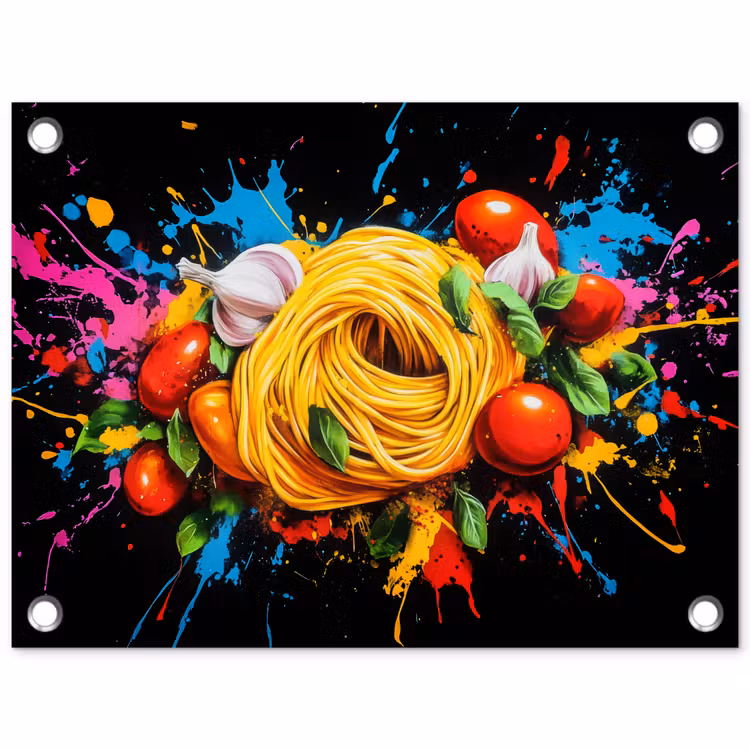 Spaghetti - Graffiti - Verf - Kleurrijk - Eten - Modern tuinposter los doek klein -3d