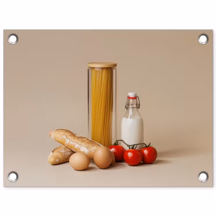 Spaghetti - Melk - Tomaten - Eieren - Brood tuinposter los doek klein -3d
