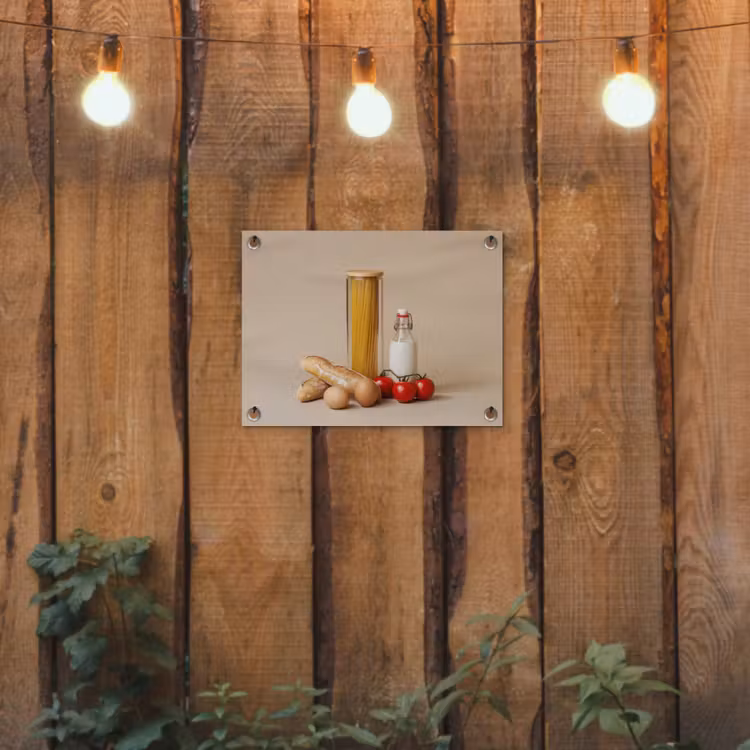 Spaghetti - Melk - Tomaten - Eieren - Brood tuinposter los doek klein -sfeer1