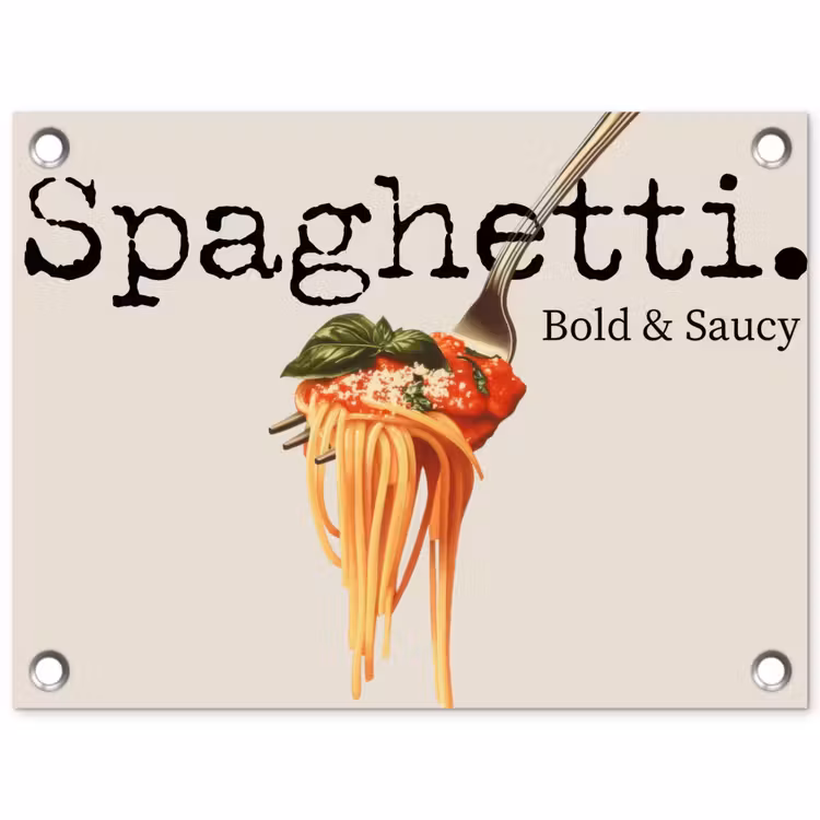 Spaghetti - tomatensaus - Parmezaanse kaas tuinposter los doek klein -3d