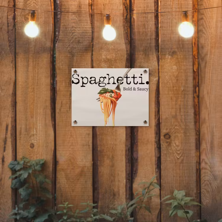 Spaghetti - tomatensaus - Parmezaanse kaas tuinposter los doek klein -sfeer1