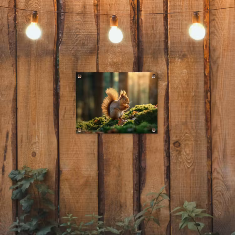 Eekhoorn - Nootje - Gras tuinposter los doek klein -sfeer1