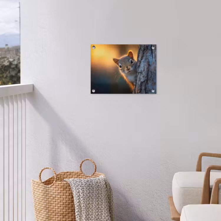 Eekhoorn - Boomstam - Zonsondergang tuinposter los doek klein -sfeer8