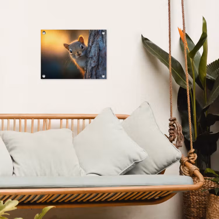 Eekhoorn - Boomstam - Zonsondergang tuinposter los doek klein -sfeer7