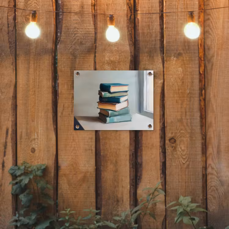 Stapel - Boeken - Groen - Daglicht tuinposter los doek klein -sfeer1