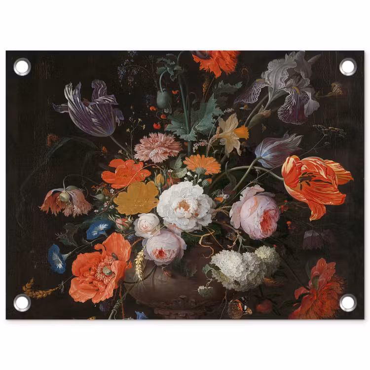 Stilleven met bloemen en een horloge - Schilderij van Abraham Mignon tuinposter los doek klein -3d