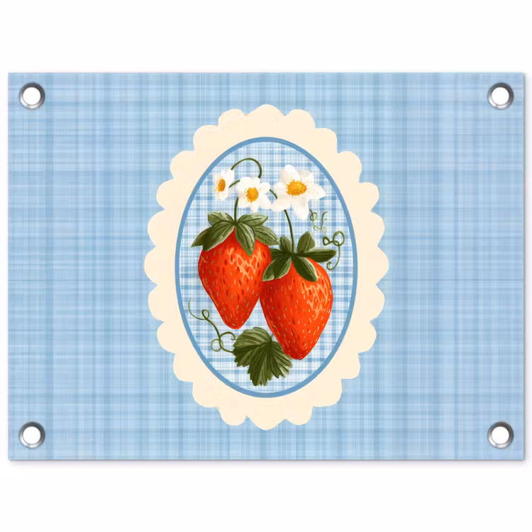 Aardbeien - Lijst - Rood - Geruit tuinposter los doek klein -3d