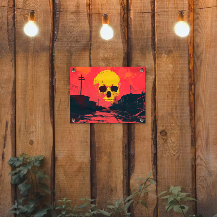 Straat - Verlaten - Schedel - Geel tuinposter los doek klein -sfeer1