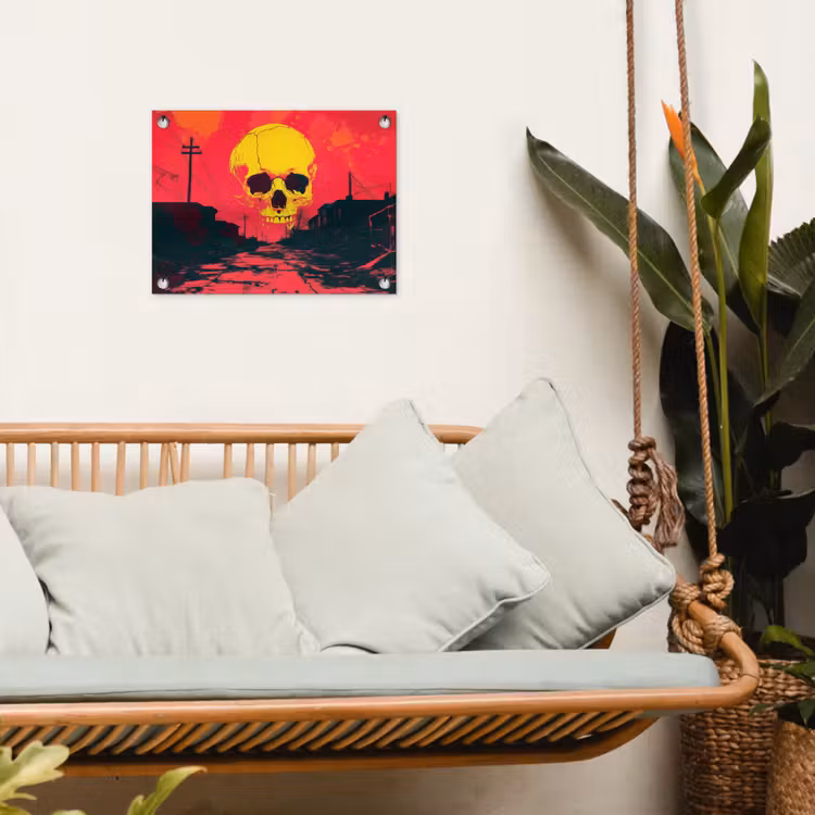 Straat - Verlaten - Schedel - Geel tuinposter los doek klein -sfeer7
