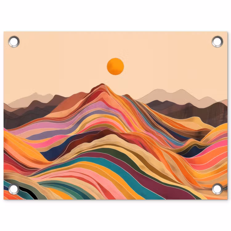 Zon - Kleurrijk landschap - Bergen tuinposter los doek klein -3d