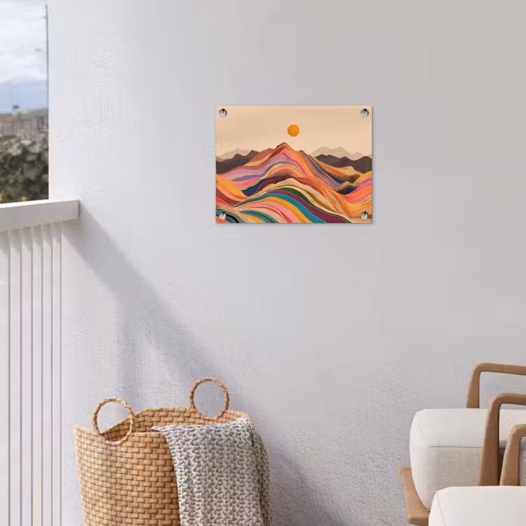 Zon - Kleurrijk landschap - Bergen tuinposter los doek klein -sfeer8