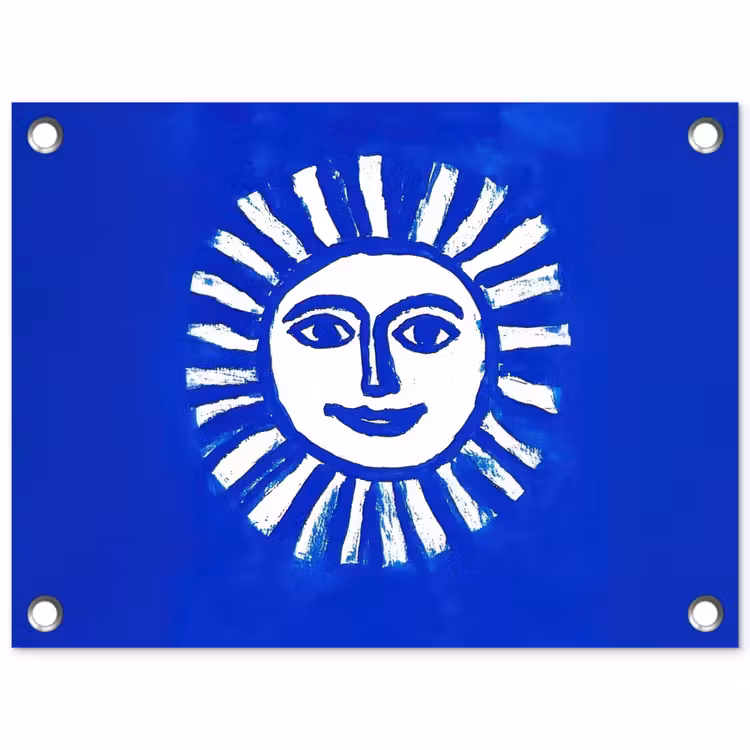 Zon - Gezicht - Penseelstructuur - Blauw tuinposter los doek klein -3d