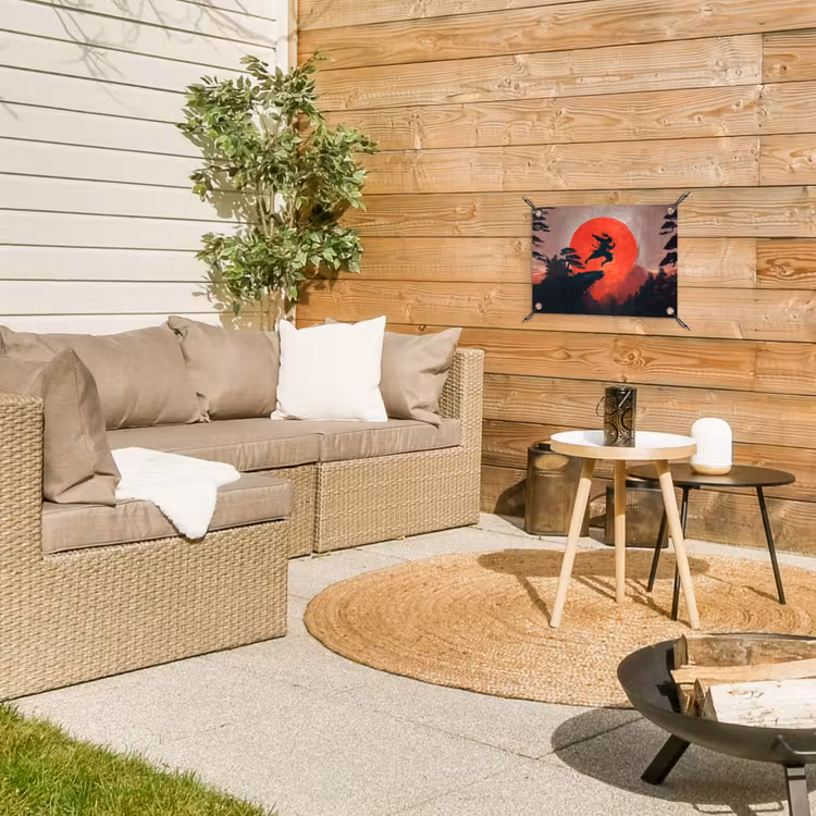 Zon - Krijger - Bomen - Bergen tuinposter los doek klein -sfeer4