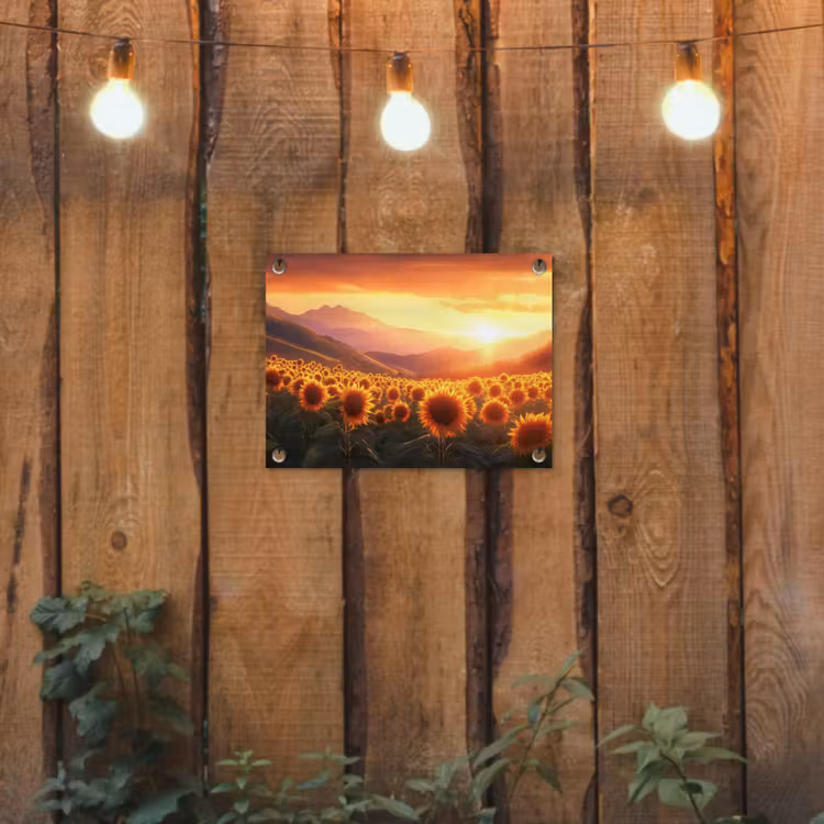 Zonnebloemen - Zonsondergang - Landschap tuinposter los doek klein -sfeer1