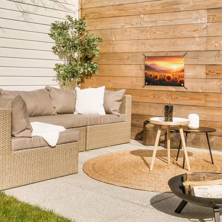 Zonnebloemen - Zonsondergang - Landschap tuinposter los doek klein -sfeer4