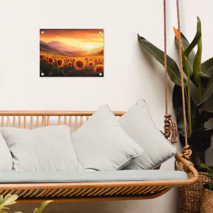 Zonnebloemen - Zonsondergang - Landschap tuinposter los doek klein -sfeer7