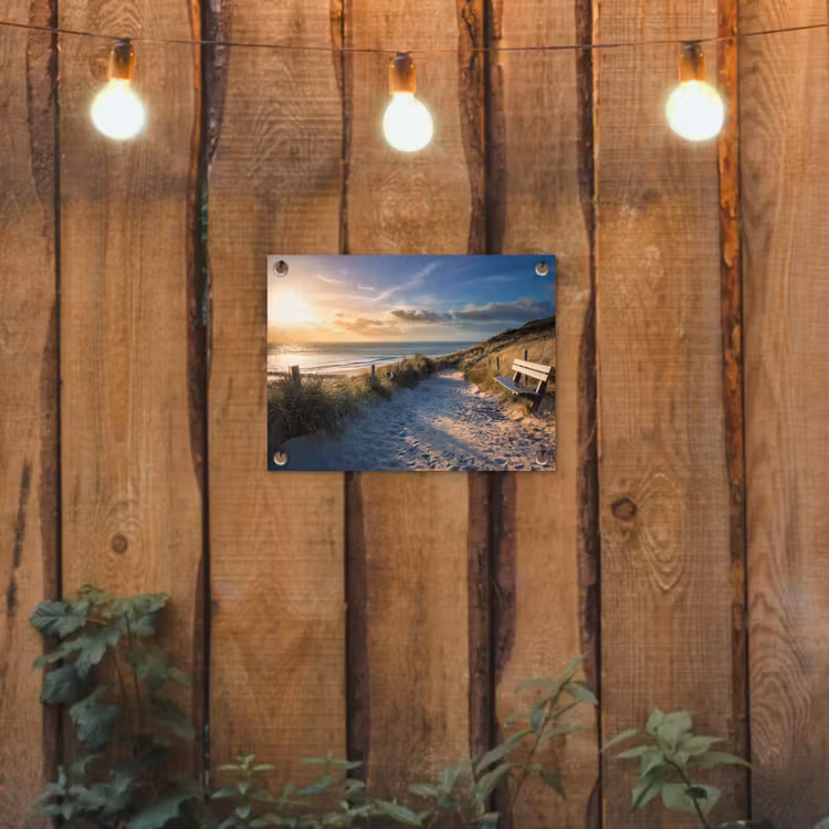 Zonsondergang - Strand - Duin - Gras - Bank tuinposter los doek klein -sfeer1