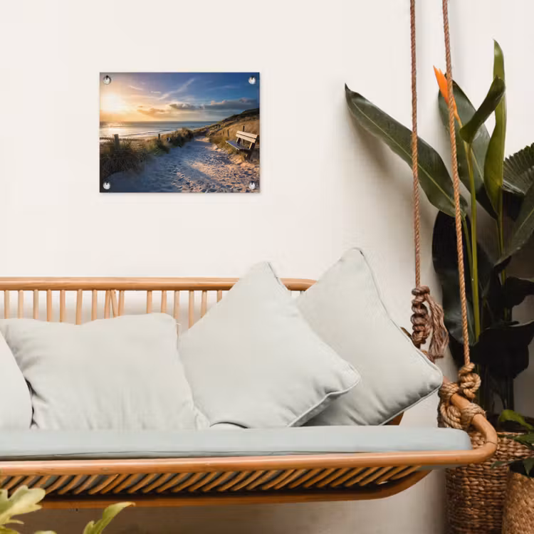 Zonsondergang - Strand - Duin - Gras - Bank tuinposter los doek klein -sfeer7