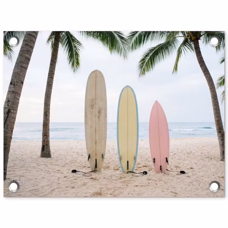 Surfboard - Palmbomen - Kleurrijk tuinposter los doek klein -3d