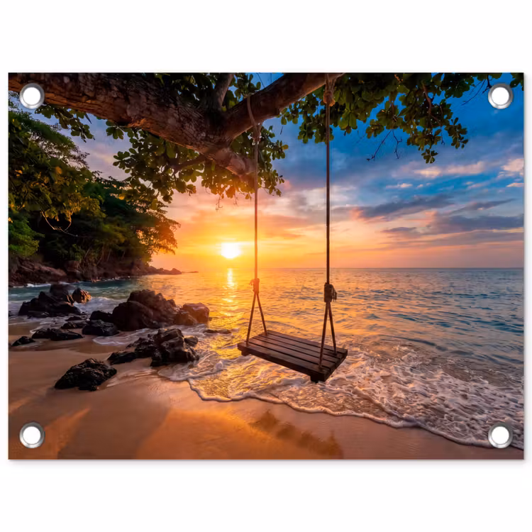 Schommel - Strand - Zonsondergang - Natuur - Oranje tuinposter los doek klein -3d