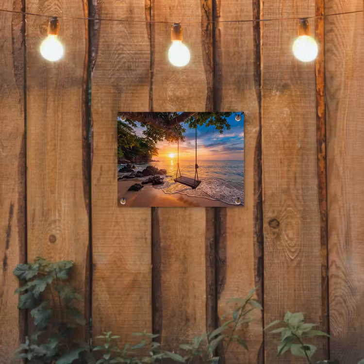 Schommel - Strand - Zonsondergang - Natuur - Oranje tuinposter los doek klein -sfeer1