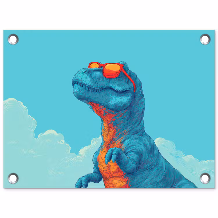 T-Rex - Blauw - Wolken - Zonnebril tuinposter los doek klein -3d