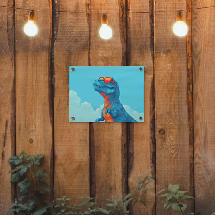 T-Rex - Blauw - Wolken - Zonnebril tuinposter los doek klein -sfeer1