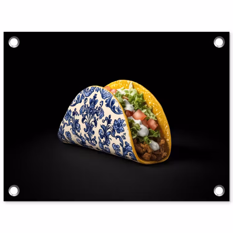 Taco - Vlees - Salade - Delftsblauw - Motief tuinposter los doek klein -3d