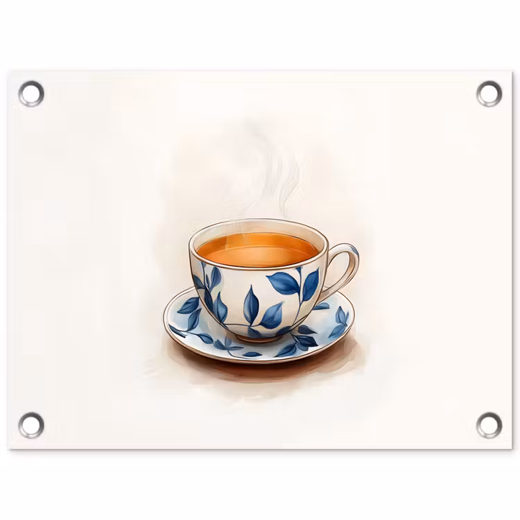 Theekop - Bladeren - Blauw tuinposter los doek klein -3d