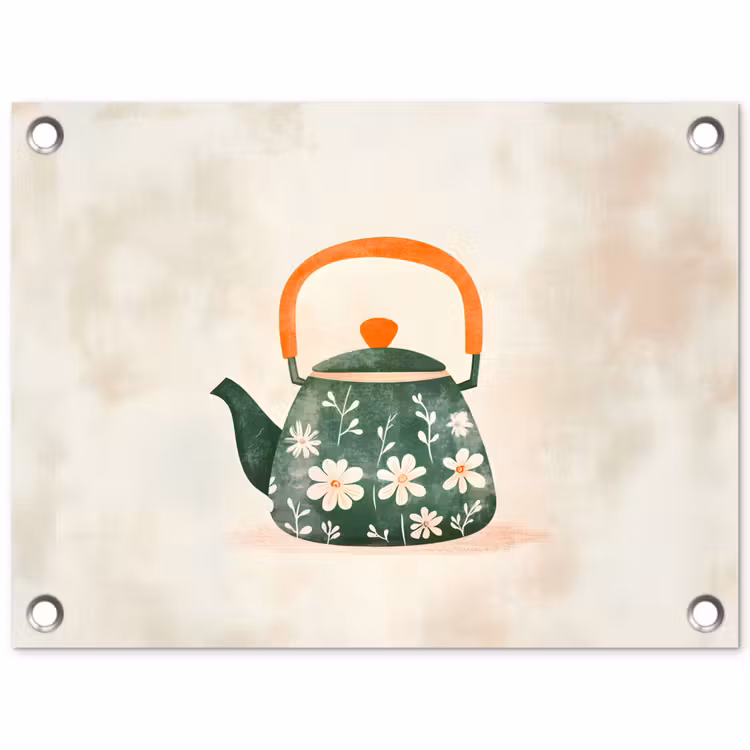 Theepot - Groen - Bloemen - Oranje tuinposter los doek klein -3d