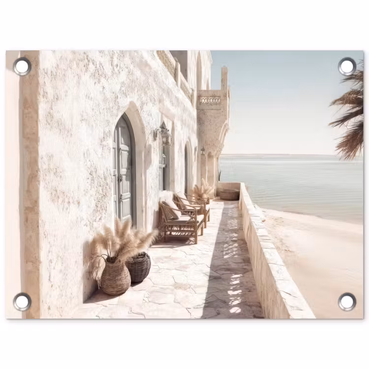 Terras - Stoelen - Strand - Beige tuinposter los doek klein -3d