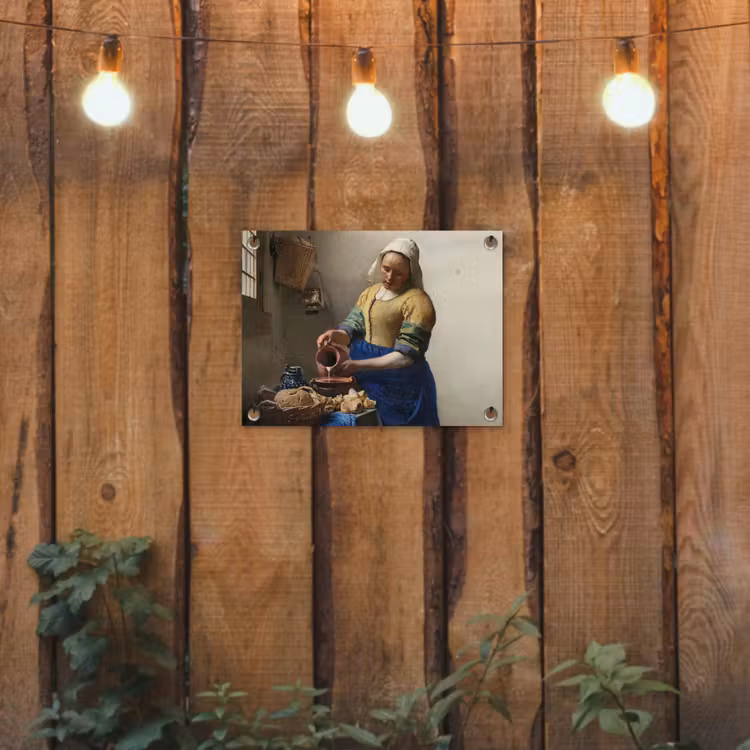 Het melkmeisje - Schilderij van Johannes Vermeer tuinposter los doek klein -sfeer1