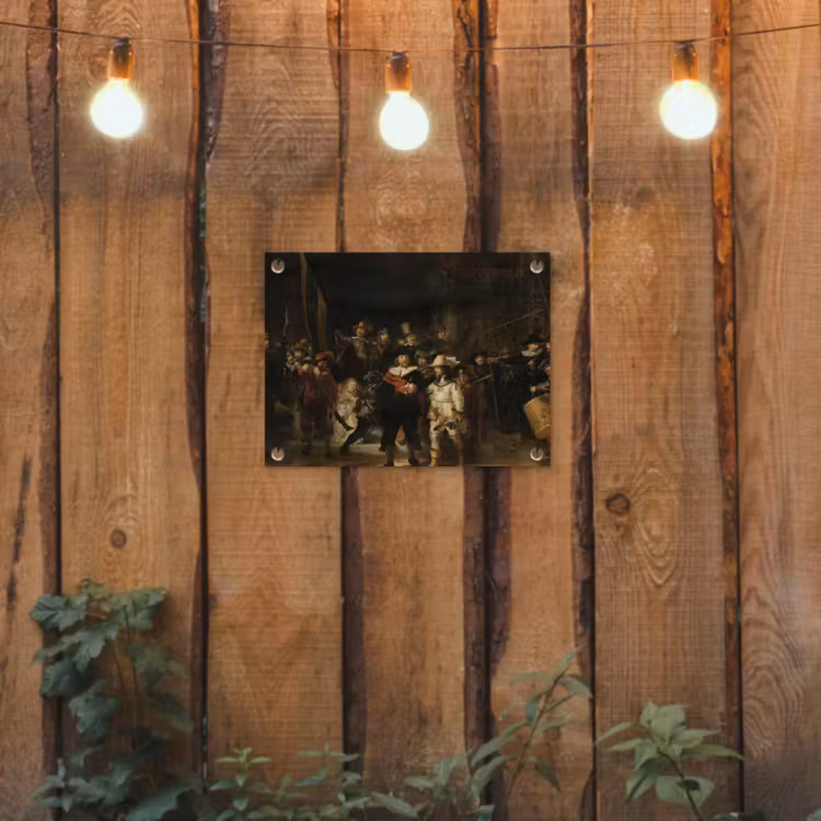 De Nachtwacht - Kunst - Oude meesters - Rembrandt tuinposter los doek klein -sfeer1