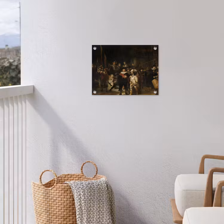 De Nachtwacht - Kunst - Oude meesters - Rembrandt tuinposter los doek klein -sfeer8
