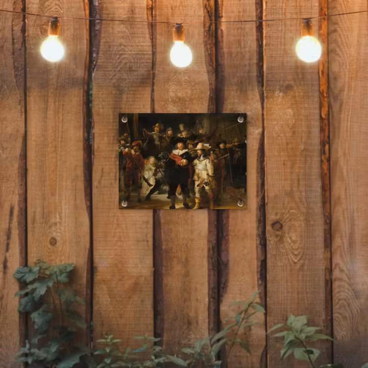 De Nachtwacht - Schilderij van Rembrandt van Rijn tuinposter los doek klein -sfeer1