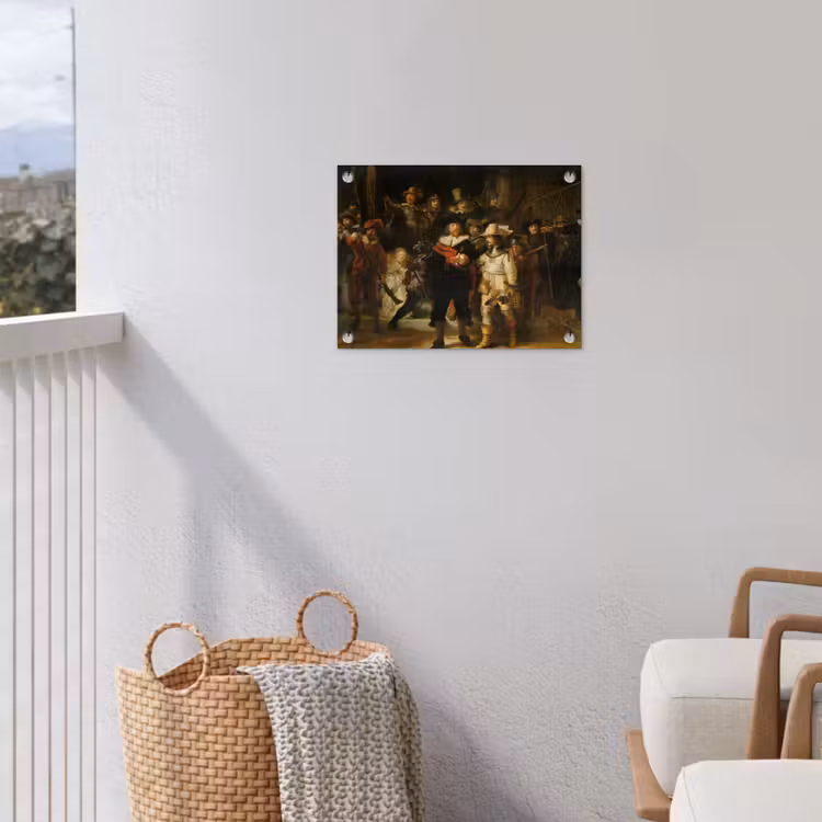 De Nachtwacht - Schilderij van Rembrandt van Rijn tuinposter los doek klein -sfeer8