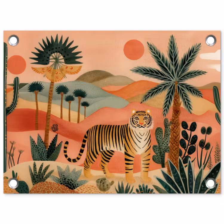 Tijger - Kleurrijk - Palmen - Cactus tuinposter los doek klein -3d