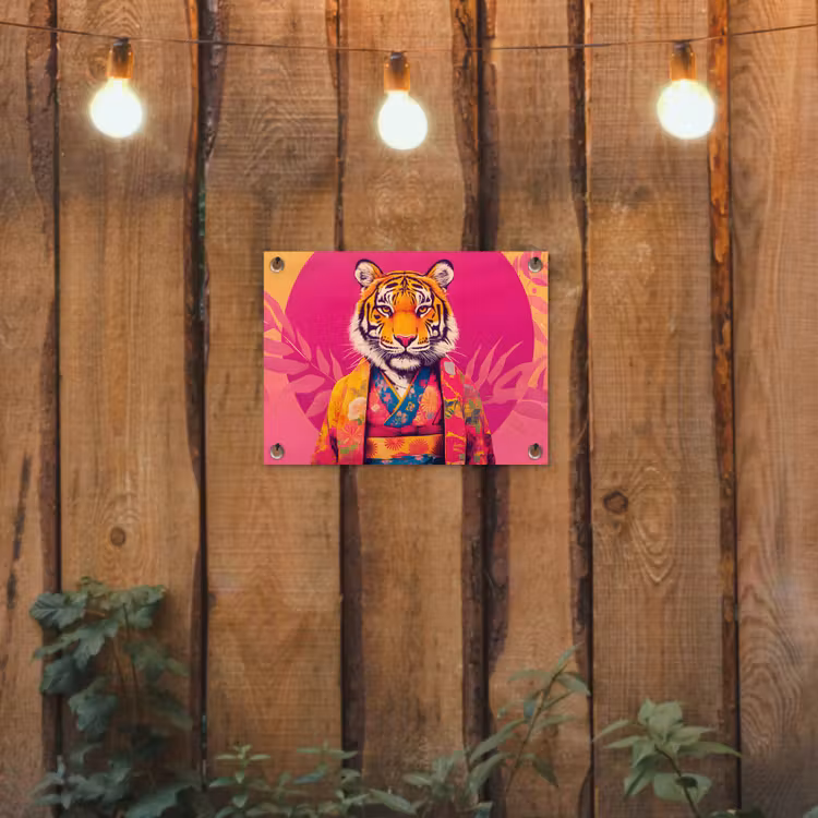 Tijger - Kimono - Planten - Roze tuinposter los doek klein -sfeer1