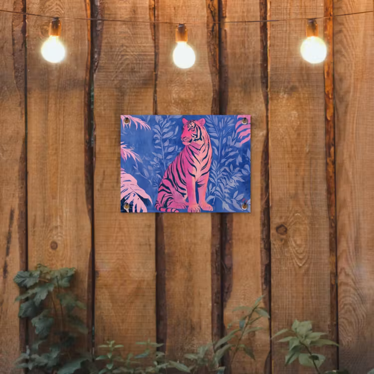Tijger - Roze - Bladeren - Jungle tuinposter los doek klein -sfeer1