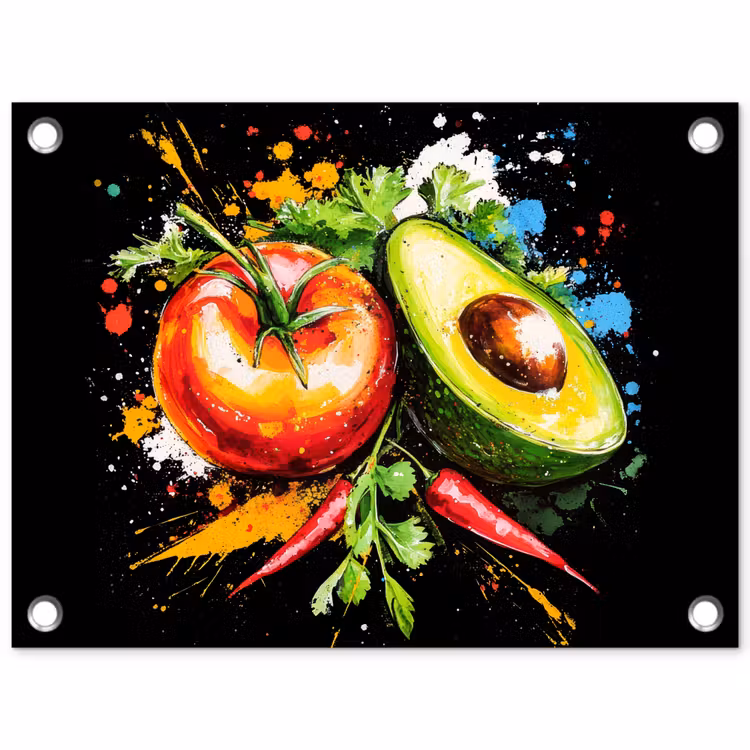 Tomaat - Avocado - Peper - Graffiti - Verf - Modern tuinposter los doek klein -3d