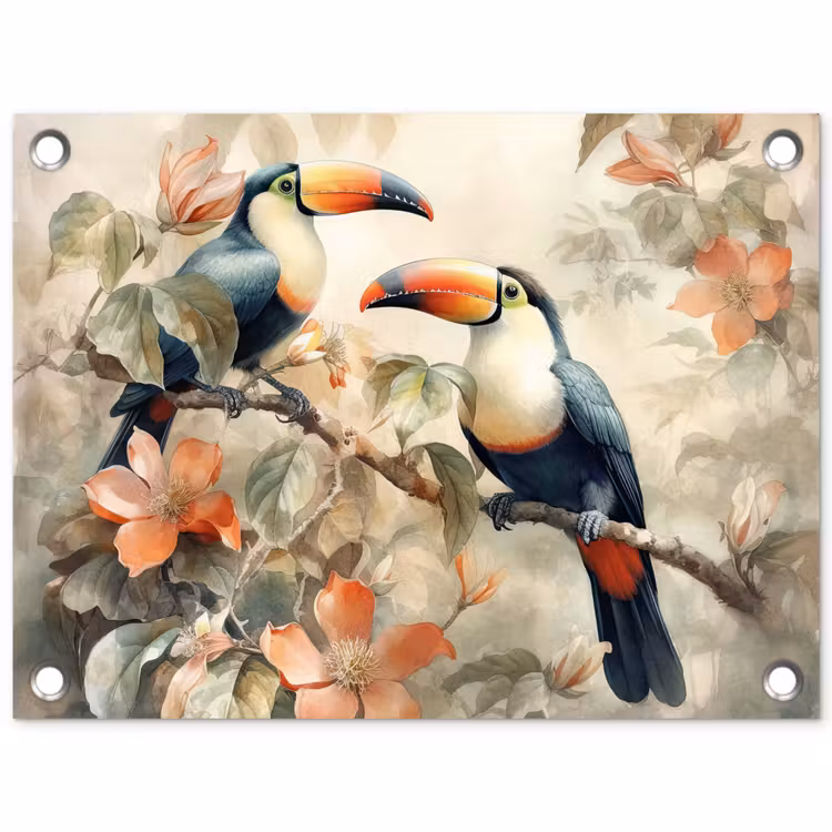 Toekan - Vogels - Bloemen - Tak tuinposter los doek klein -3d