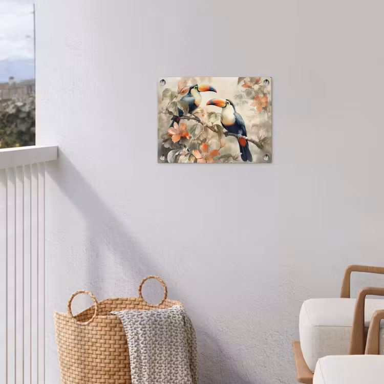 Toekan - Vogels - Bloemen - Tak tuinposter los doek klein -sfeer8