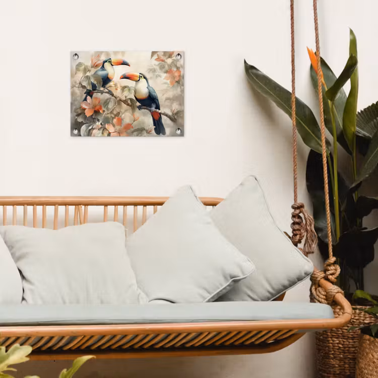 Toekan - Vogels - Bloemen - Tak tuinposter los doek klein -sfeer7