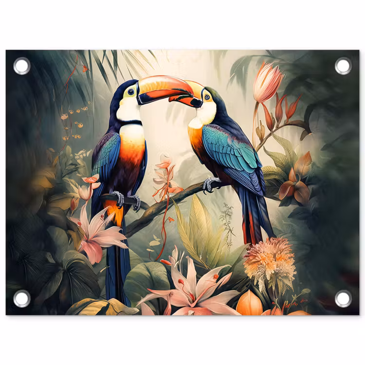 Toekan - Vogels - Bloemen - Natuur - Jungle tuinposter los doek klein -3d
